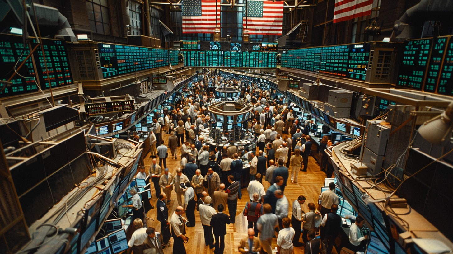 Stock exchange room with people.