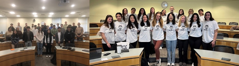 Two side-by-side photos of groups of students in a school of business classroom